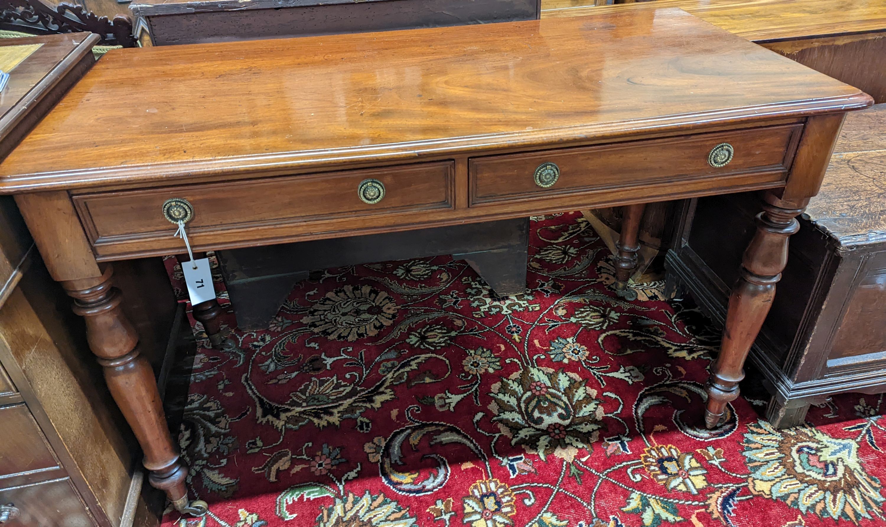 A Victorian mahogany two drawer side table, width 120cm, depth 60cm, height 75cm